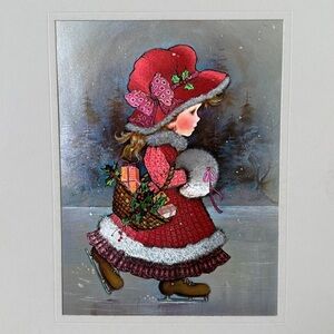 Vintage 70s Ice Skater Girl Metallic Christmas Art Print - 10”x12”